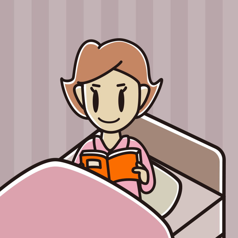 ベッドに座り本を読む女性のイラスト【色、背景あり】PNG
