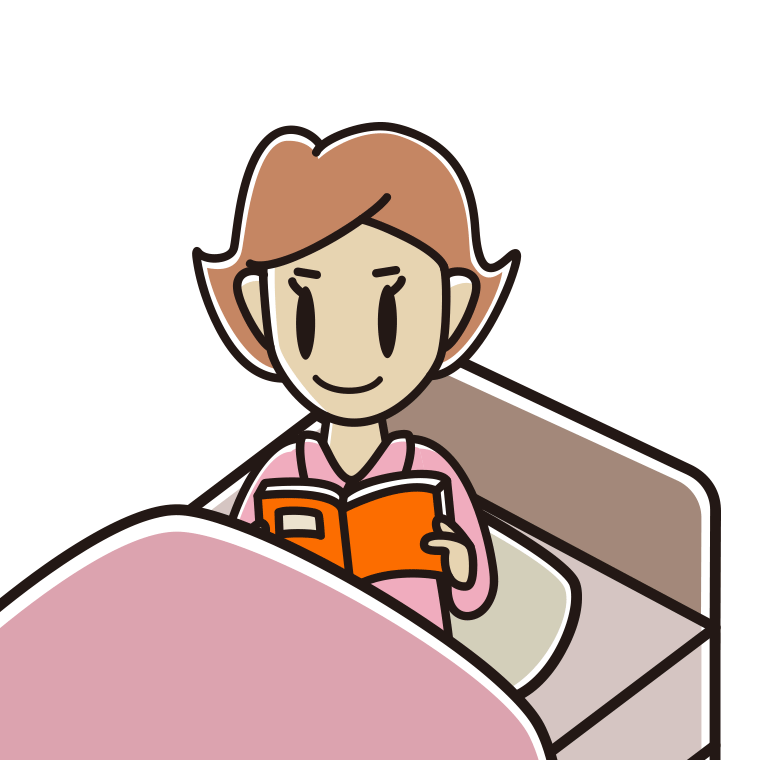ベッドに座り本を読む女性のイラスト【色あり、背景なし】透過PNG