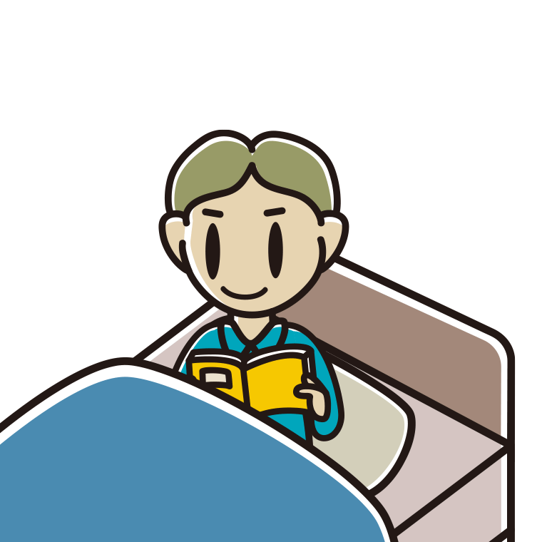 ベッドに座り本を読む小学生男子のイラスト【色あり、背景なし】透過PNG