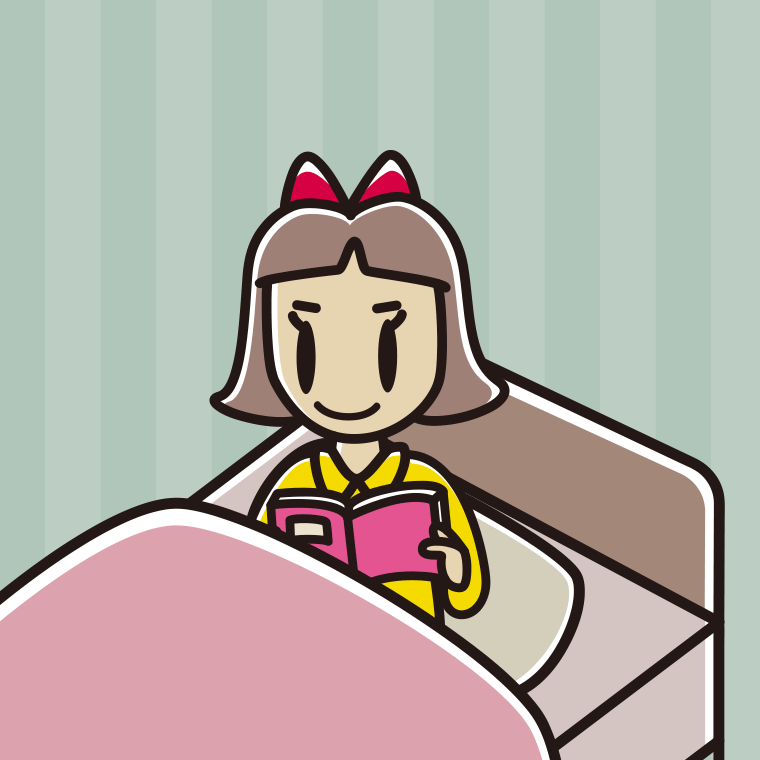 ベッドに座り本を読む小学生女子のイラスト【色、背景あり】PNG