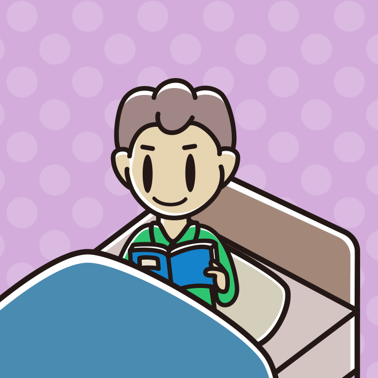 ベッドに座り本を読む男子中学生のイラスト【色、背景あり】PNG