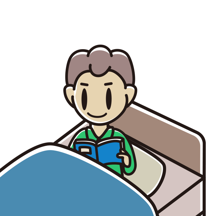 ベッドに座り本を読む男子中学生のイラスト【色あり、背景なし】透過PNG