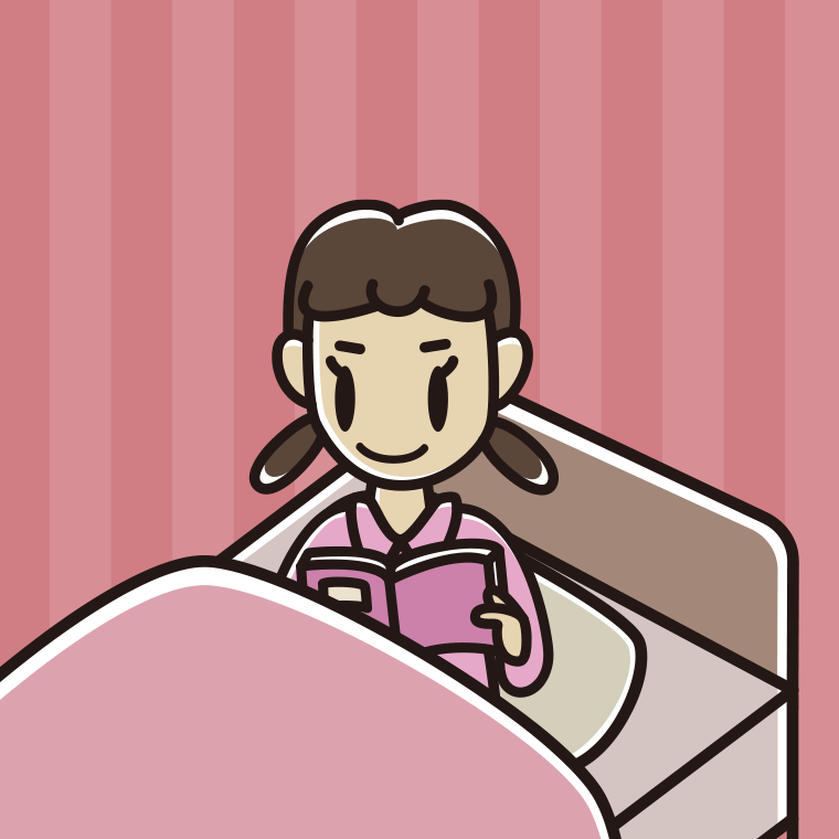 ベッドに座り本を読む女子中学生のイラスト【色、背景あり】PNG
