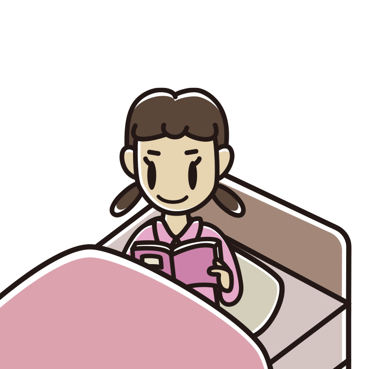 ベッドに座り本を読む女子中学生のイラスト【色あり、背景なし】透過PNG