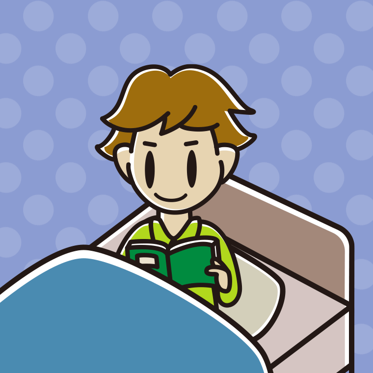 ベッドに座り本を読む男子高校生のイラスト【色、背景あり】PNG