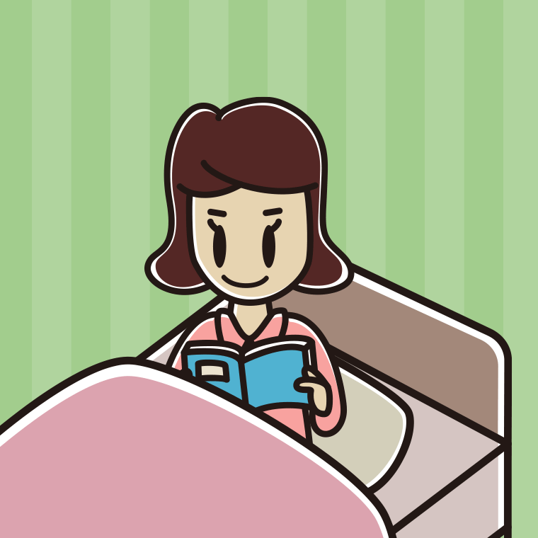 ベッドに座り本を読む女子高校生のイラスト【色、背景あり】PNG