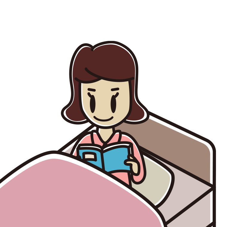 ベッドに座り本を読む女子高校生のイラスト【色あり、背景なし】透過PNG