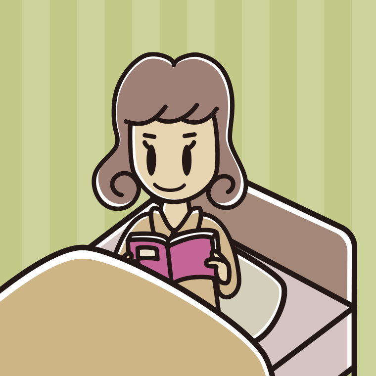 ベッドに座り本を読む女子大学生のイラスト【色、背景あり】PNG