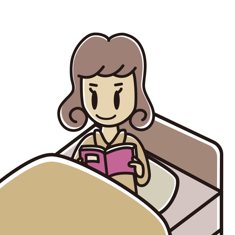 ベッドに座り本を読む女子大学生のイラスト【色あり、背景なし】透過PNG