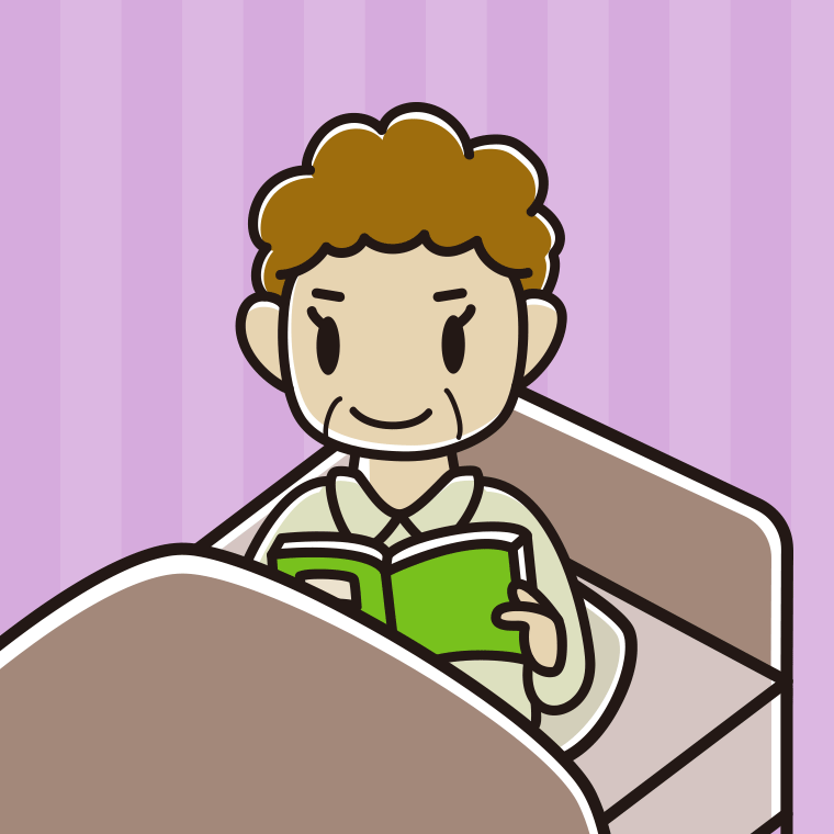 ベッドに座り本を読むおばさんのイラスト【色、背景あり】PNG