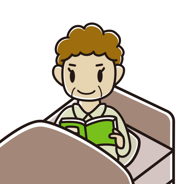 ベッドに座り本を読むおばさんのイラスト【色あり、背景なし】透過PNG