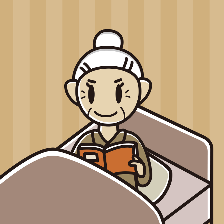 ベッドに座り本を読むおばあさんのイラスト【色、背景あり】PNG