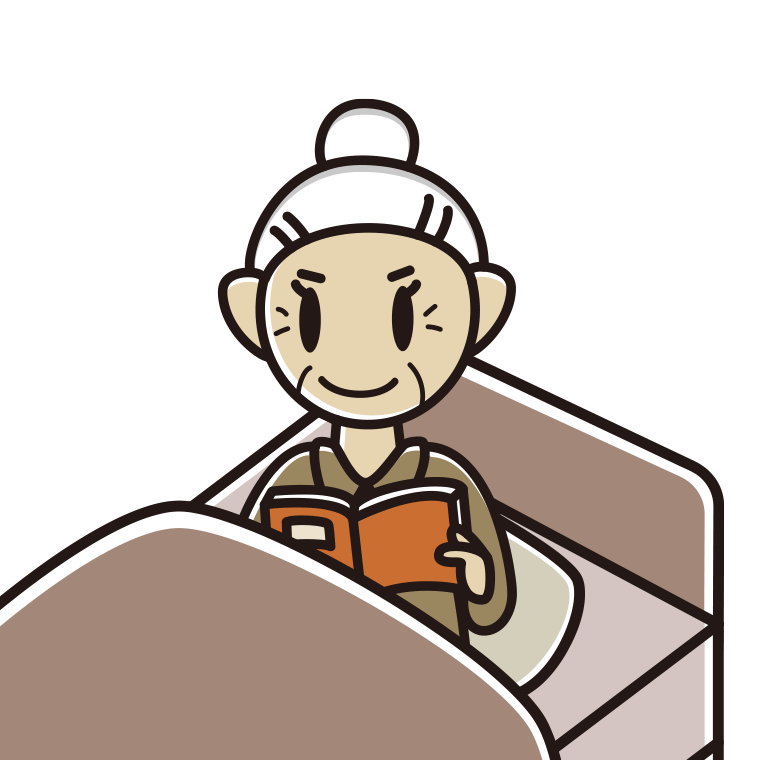 ベッドに座り本を読むおばあさんのイラスト【色あり、背景なし】透過PNG
