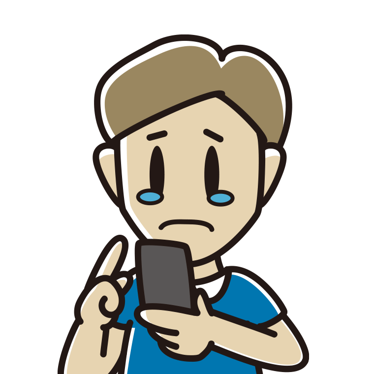 スマホ使用中に泣く男性のイラスト【色あり、背景なし】透過PNG