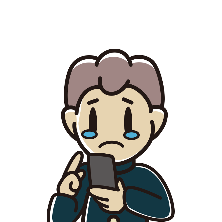 スマホ使用中に泣く男子中学生のイラスト【色あり、背景なし】透過PNG