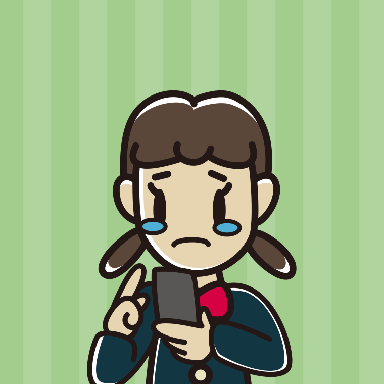 スマホ使用中に泣く女子中学生のイラスト【色、背景あり】PNG