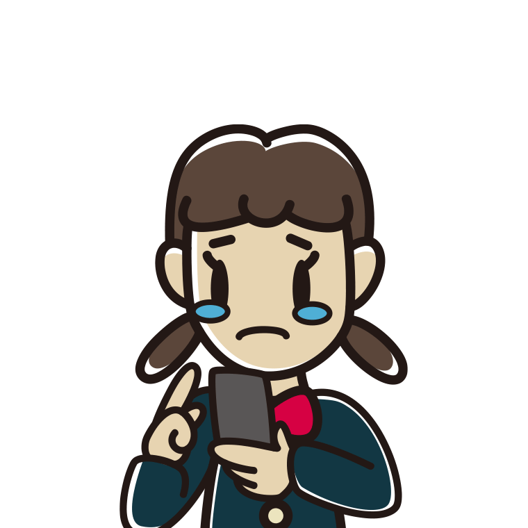 スマホ使用中に泣く女子中学生のイラスト【色あり、背景なし】透過PNG