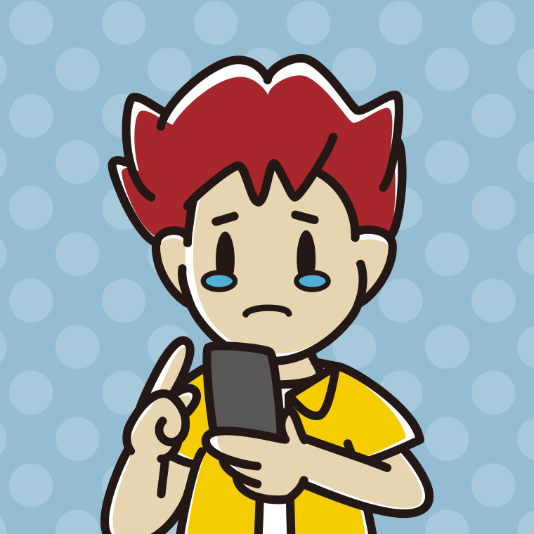 スマホ使用中に泣く男子大学生のイラスト【色、背景あり】PNG