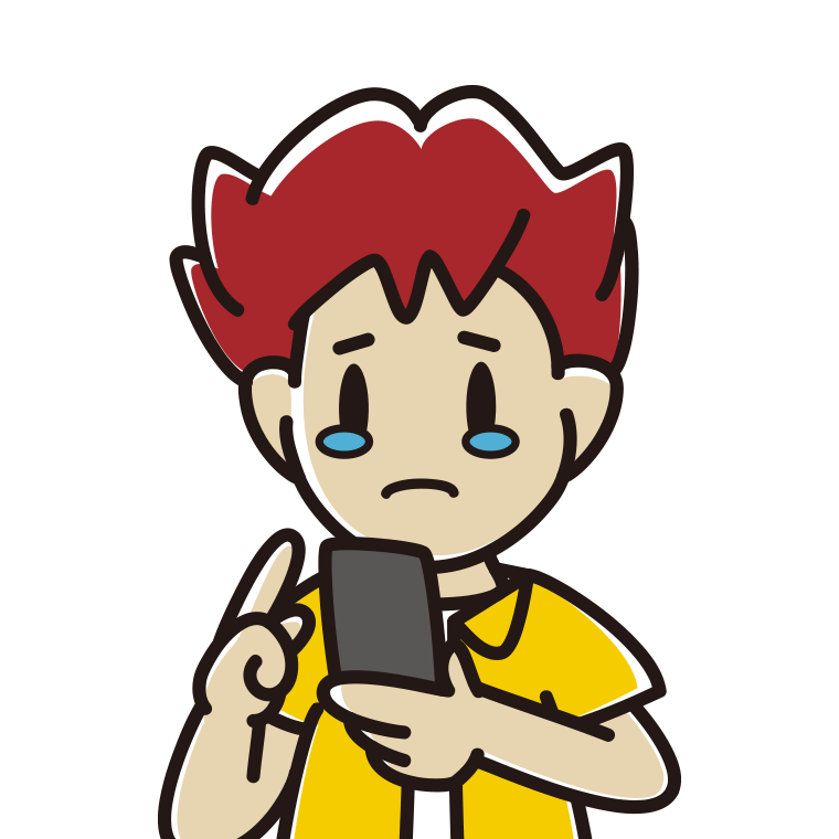 スマホ使用中に泣く男子大学生のイラスト【色あり、背景なし】透過PNG