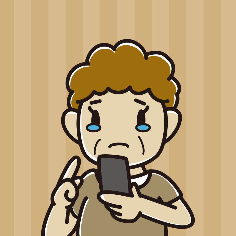 スマホ使用中に泣くおばさんのイラスト【色、背景あり】PNG