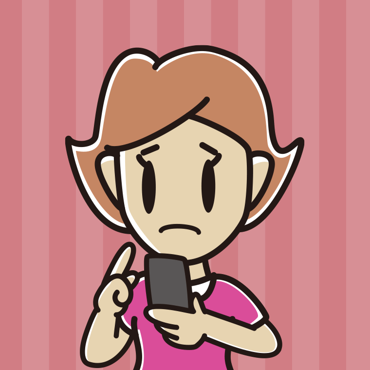 スマホ使用中に困る女性のイラスト【色、背景あり】PNG