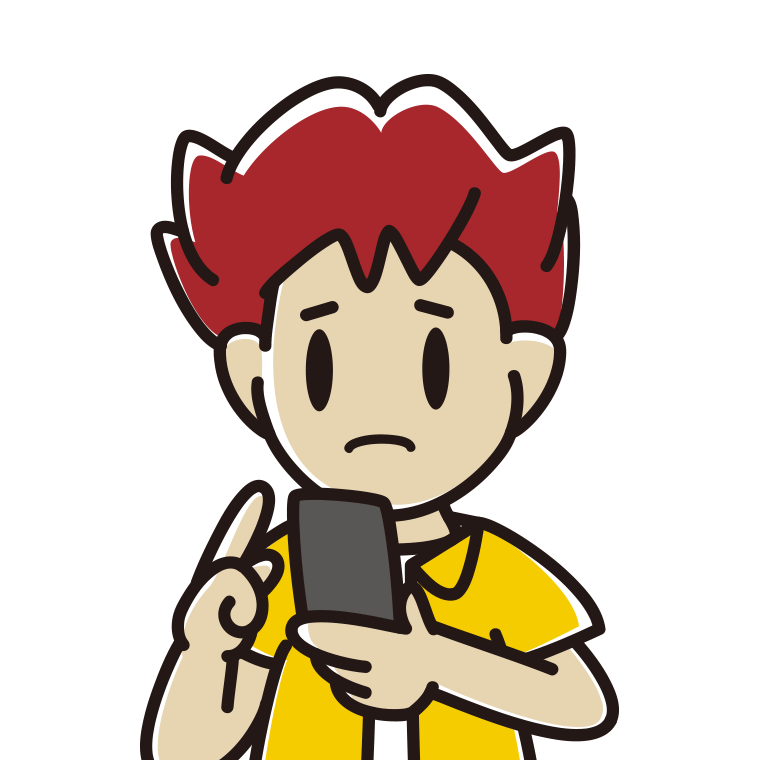 スマホ使用中に困る男子大学生のイラスト【色あり、背景なし】透過PNG
