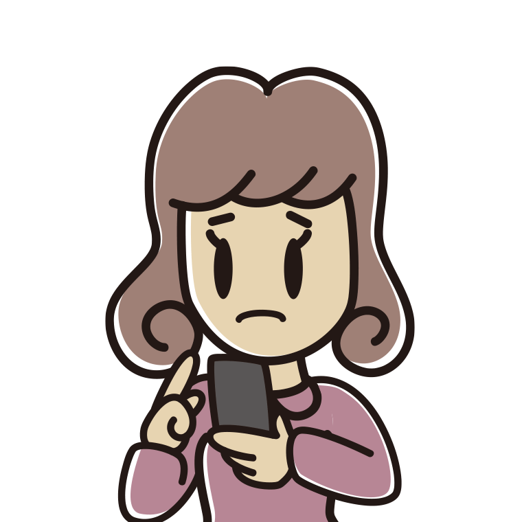 スマホ使用中に困る女子大学生のイラスト【色あり、背景なし】透過PNG