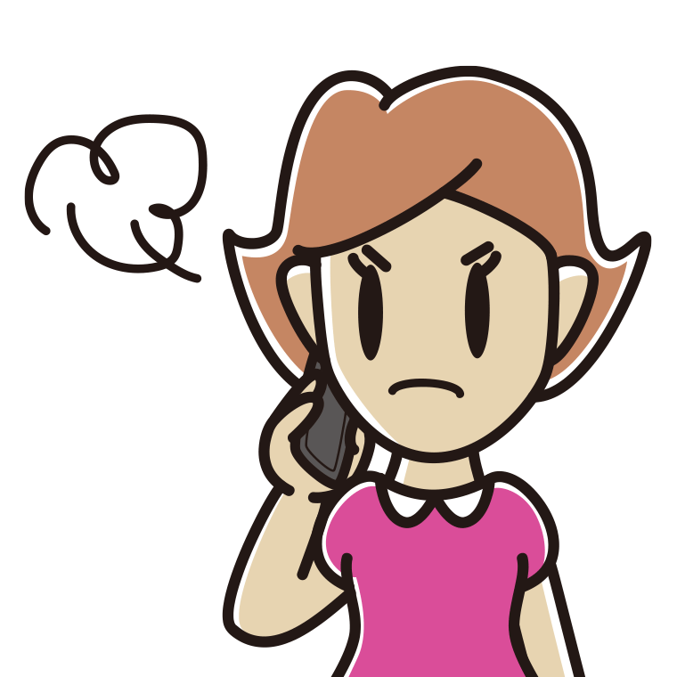 スマホで電話中に怒る女性のイラスト【色あり、背景なし】透過PNG