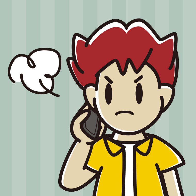 スマホで電話中に怒る男子大学生のイラスト【色、背景あり】PNG