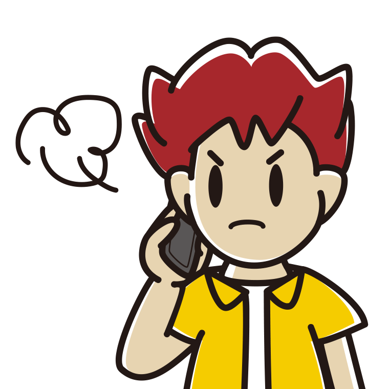スマホで電話中に怒る男子大学生のイラスト【色あり、背景なし】透過PNG