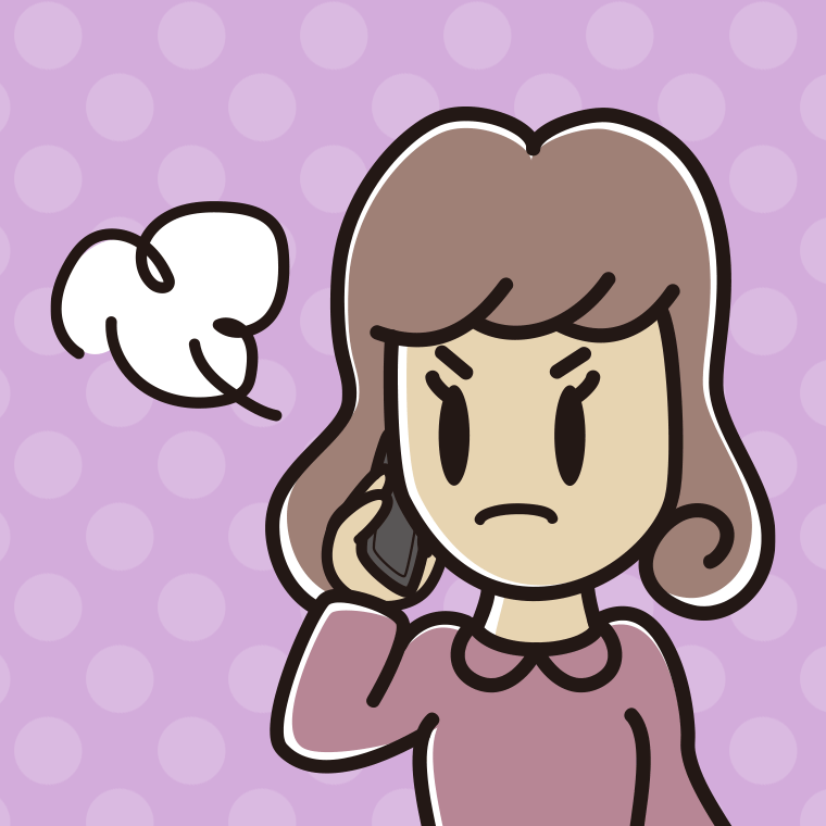 スマホで電話中に怒る女子大学生のイラスト【色、背景あり】PNG