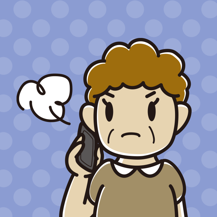 スマホで電話中に怒るおばさんのイラスト【色、背景あり】PNG