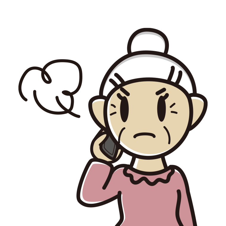 スマホで電話中に怒るおばあさんのイラスト【色あり、背景なし】透過PNG