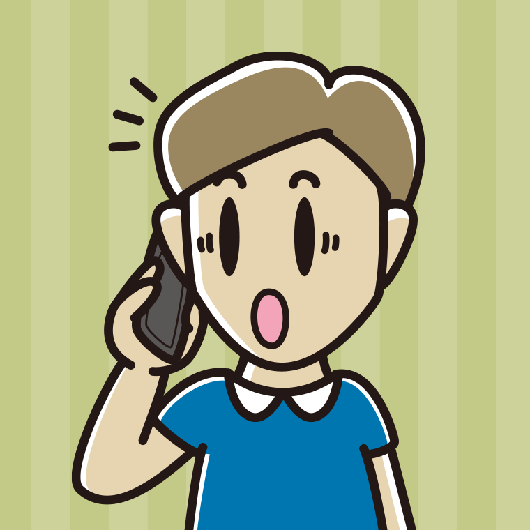 スマホで電話中に驚く男性のイラスト【色、背景あり】PNG