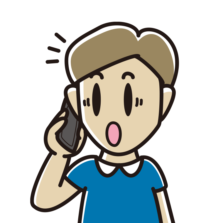 スマホで電話中に驚く男性のイラスト【色あり、背景なし】透過PNG