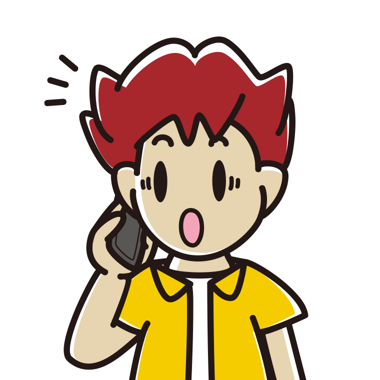 スマホで電話中に驚く男子大学生のイラスト【色あり、背景なし】透過PNG