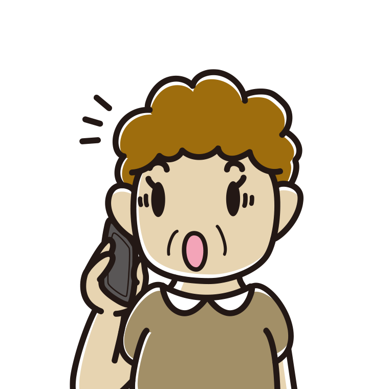 スマホで電話中に驚くおばさんのイラスト【色あり、背景なし】透過PNG