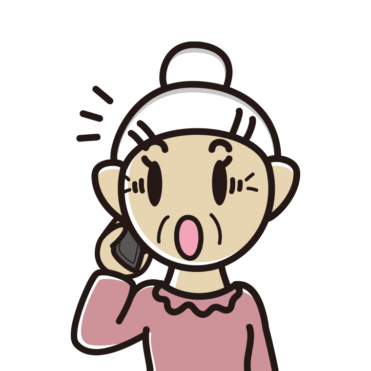 スマホで電話中に驚くおばあさんのイラスト【色あり、背景なし】透過PNG