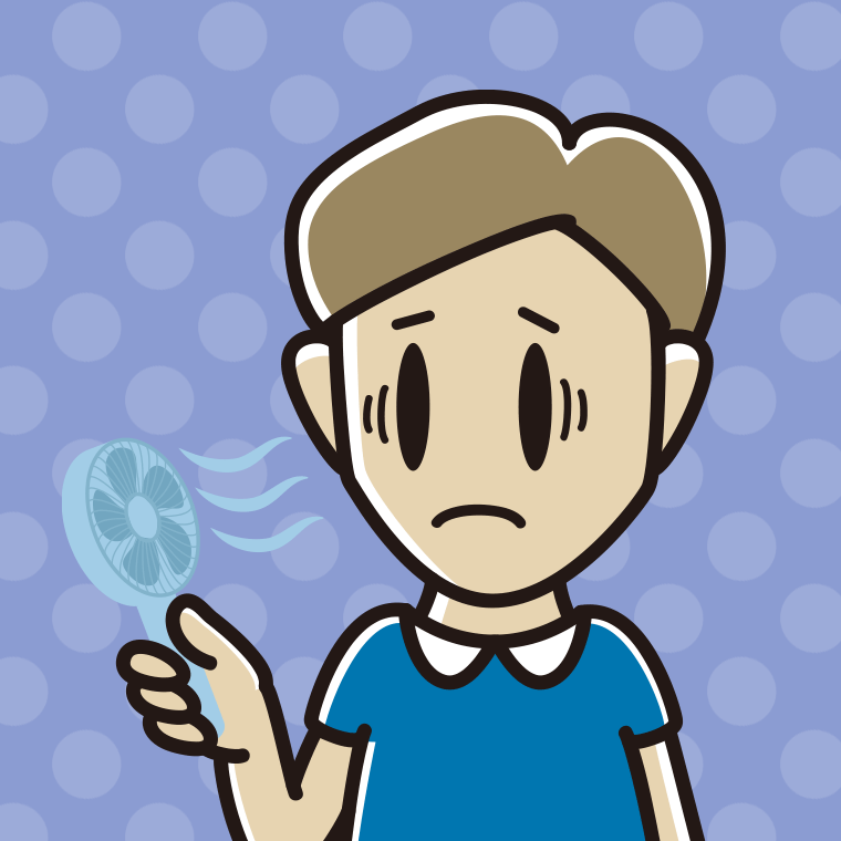 ハンディファンで困る男性のイラスト【色、背景あり】PNG