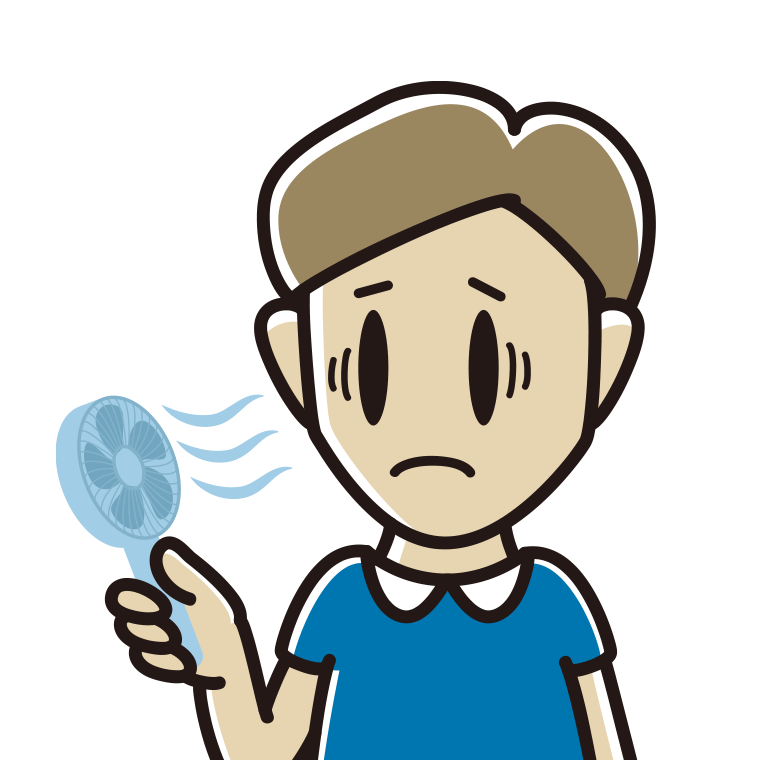 ハンディファンで困る男性のイラスト【色あり、背景なし】透過PNG