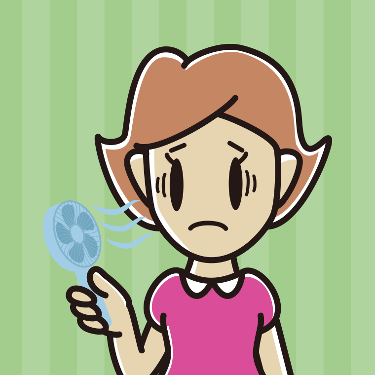 ハンディファンで困る女性のイラスト【色、背景あり】PNG