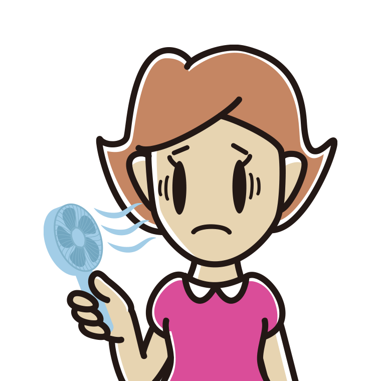 ハンディファンで困る女性のイラスト【色あり、背景なし】透過PNG