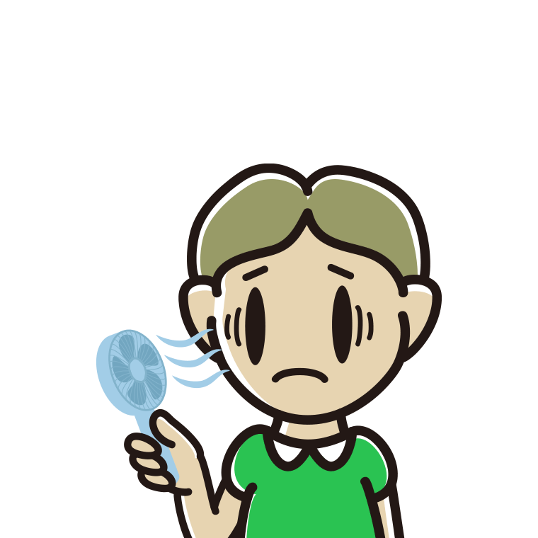 ハンディファンで困る小学生男子のイラスト【色あり、背景なし】透過PNG