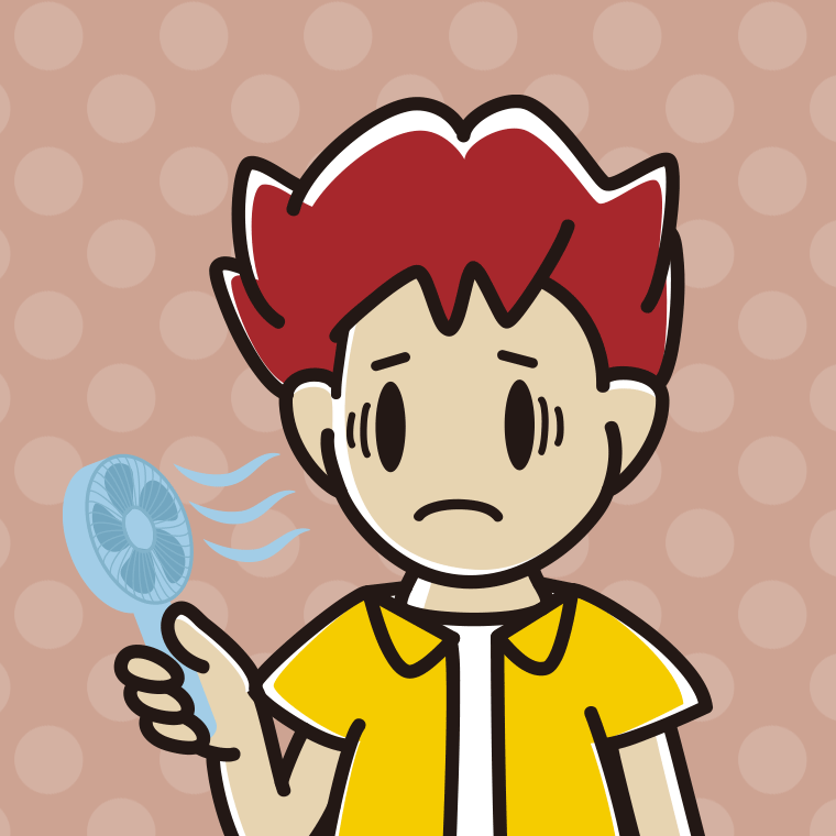 ハンディファンで困る男子大学生のイラスト【色、背景あり】PNG