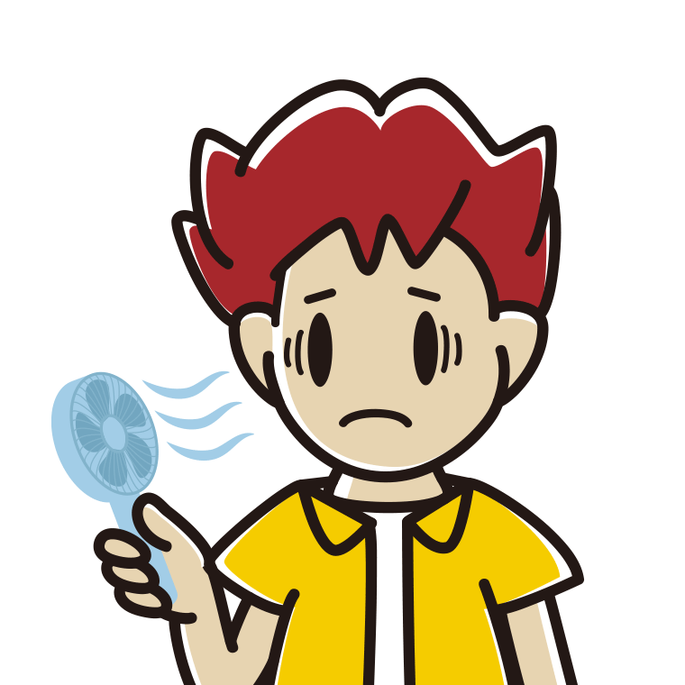 ハンディファンで困る男子大学生のイラスト【色あり、背景なし】透過PNG