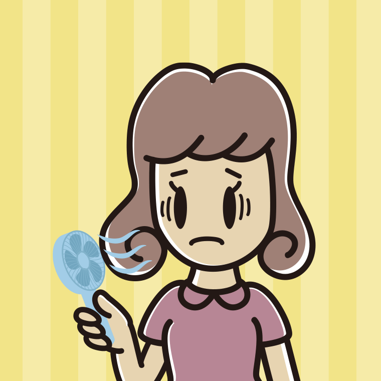 ハンディファンで困る女子大学生のイラスト【色、背景あり】PNG