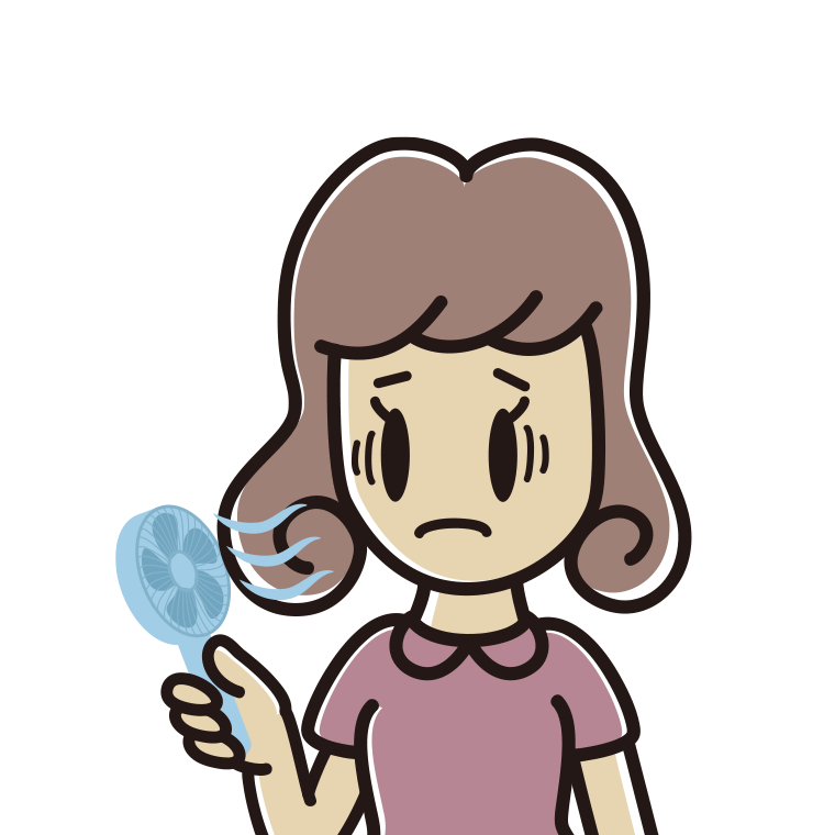 ハンディファンで困る女子大学生のイラスト【色あり、背景なし】透過PNG