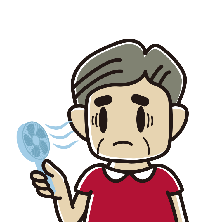 ハンディファンで困るおじさんのイラスト【色あり、背景なし】透過PNG