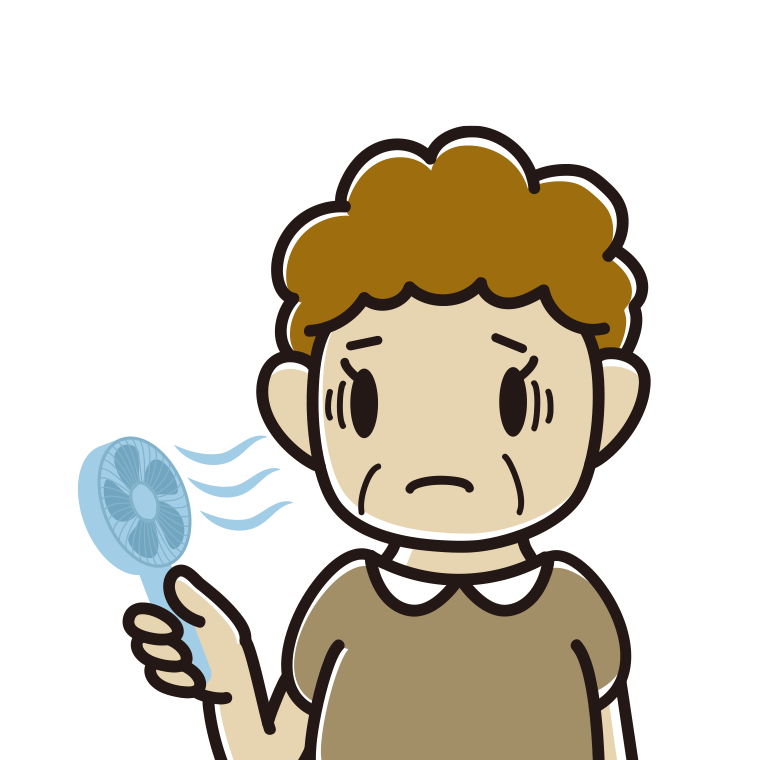 ハンディファンで困るおばさんのイラスト【色あり、背景なし】透過PNG