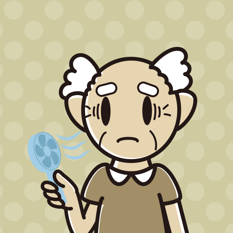 ハンディファンで困るおじいさんのイラスト【色、背景あり】PNG